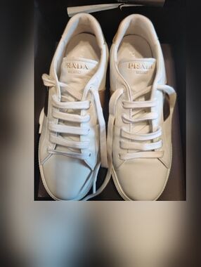 Authentic Prada White Leather Sneakers with Gold Logo